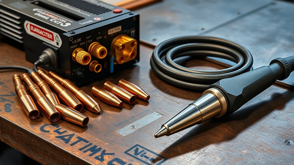 Labelled photo of a plasma system: power source, torch, leads, gas supply, table, CNC controller