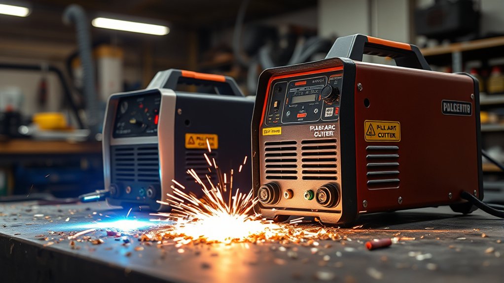 Person choosing a plasma cutter in a workshop