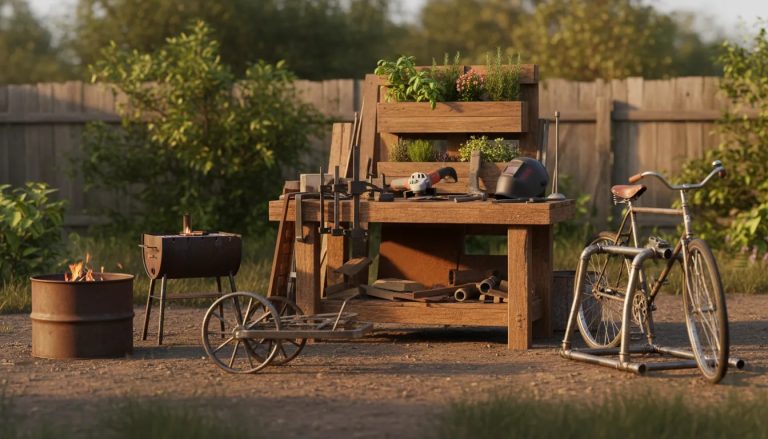 Backyard workshop scene with repurposed-material DIY projects: metal drum fire pit, barrel grill, steel-pipe bike rack, pallet planter and a rolling cart among tools and scrap materials