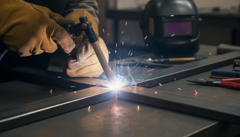 Close-up of a welder holding a torch at a steady angle and travel speed, producing a smooth uniform weld bead on steel.