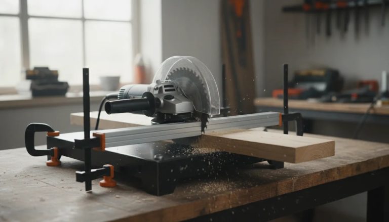 DIY angle grinder converted into a circular saw with blade guard, base plate, cutting guide, and stable mounting for straight wood cuts.