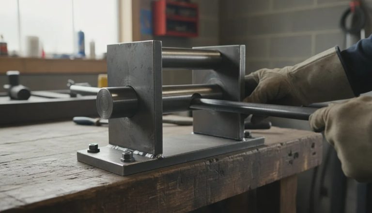 DIY steel bending tool fixture with a round steel bar aligned on a metal bending jig in a workshop