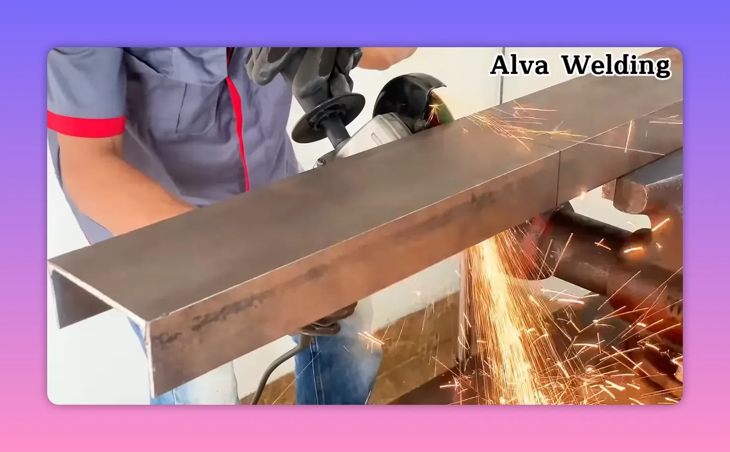 MIG welding sparks along a steel frame seam during DIY pipe clamp construction