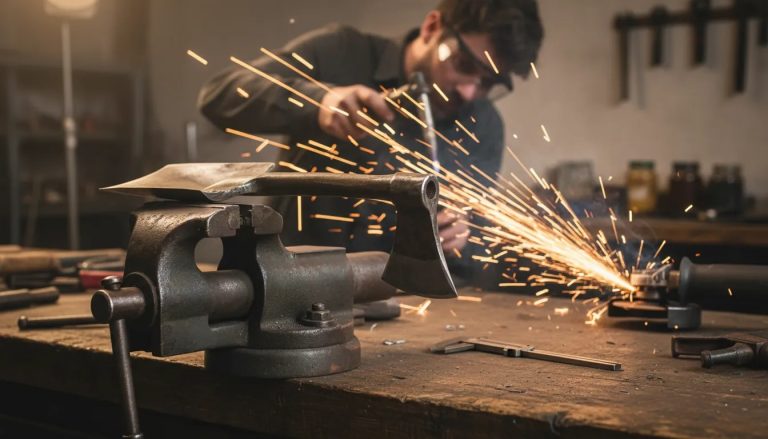 Worn hoe being welded and reshaped in a workshop into a compact 3-in-1 garden tool design with hoe, shovel, and axe-style edges.