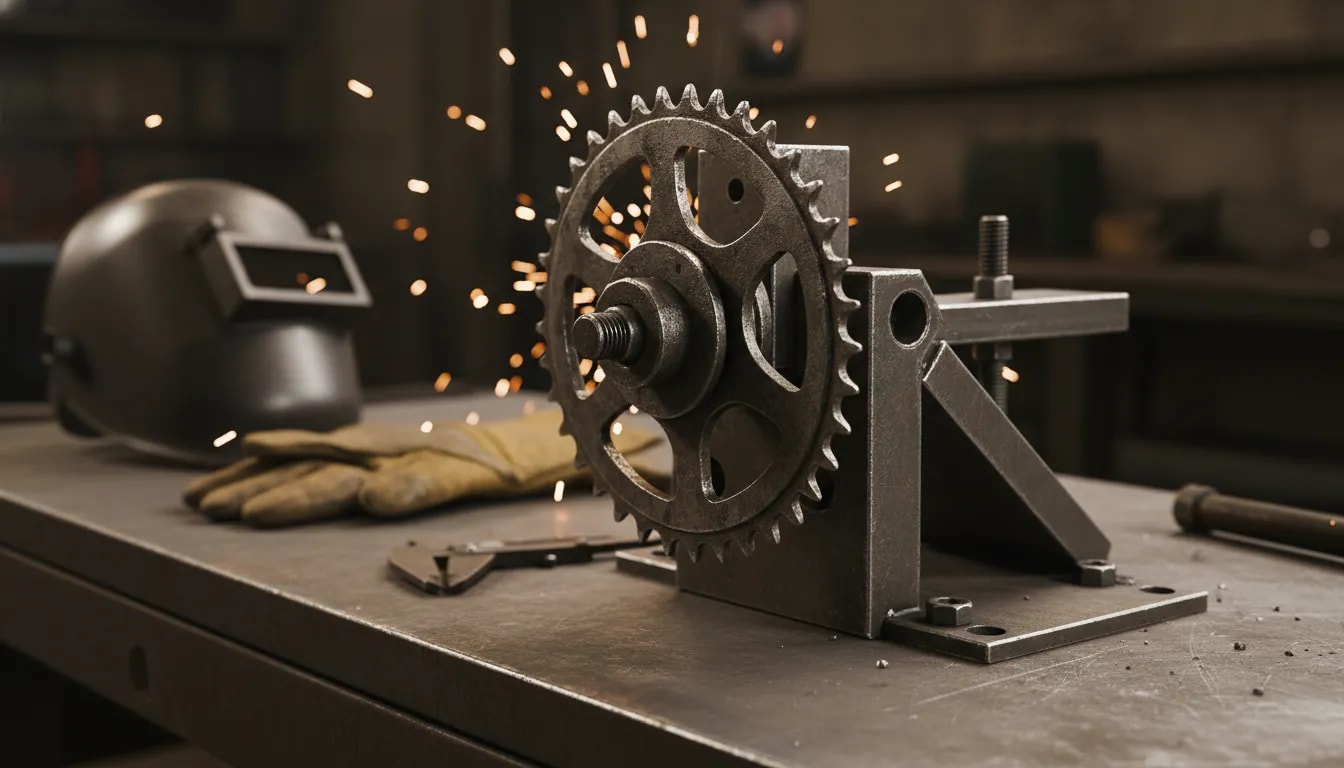 Close-up of a repurposed bicycle sprocket on a metalworking workbench with welding tools and subtle sparks